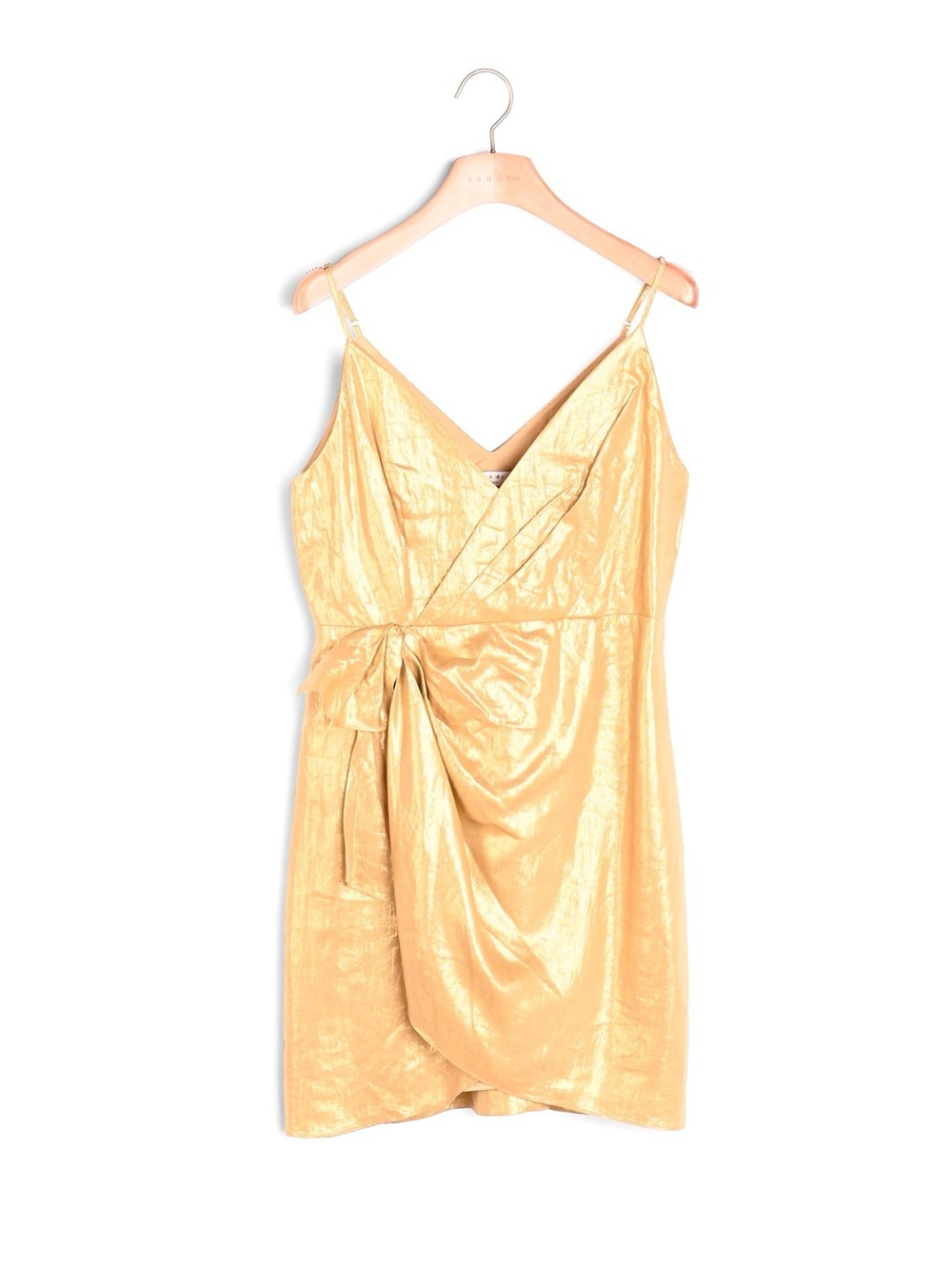 Sandro Metallic Gold Linen Wrap Knot Mini Dress with adjustable straps